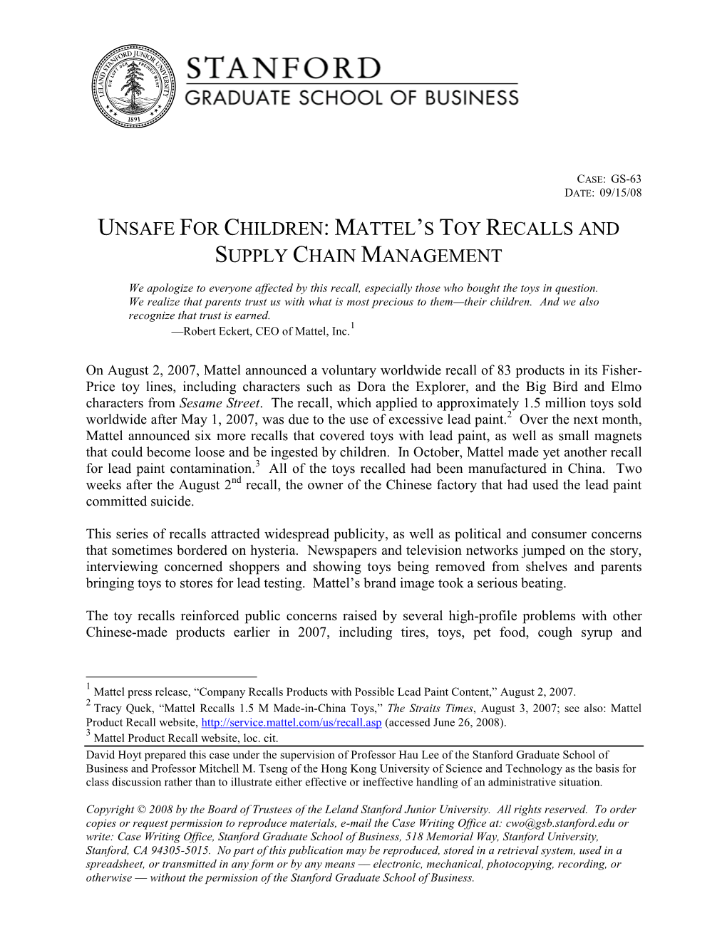 Unsafe for Children: Mattel's Toy Recalls and Supply Chain Management