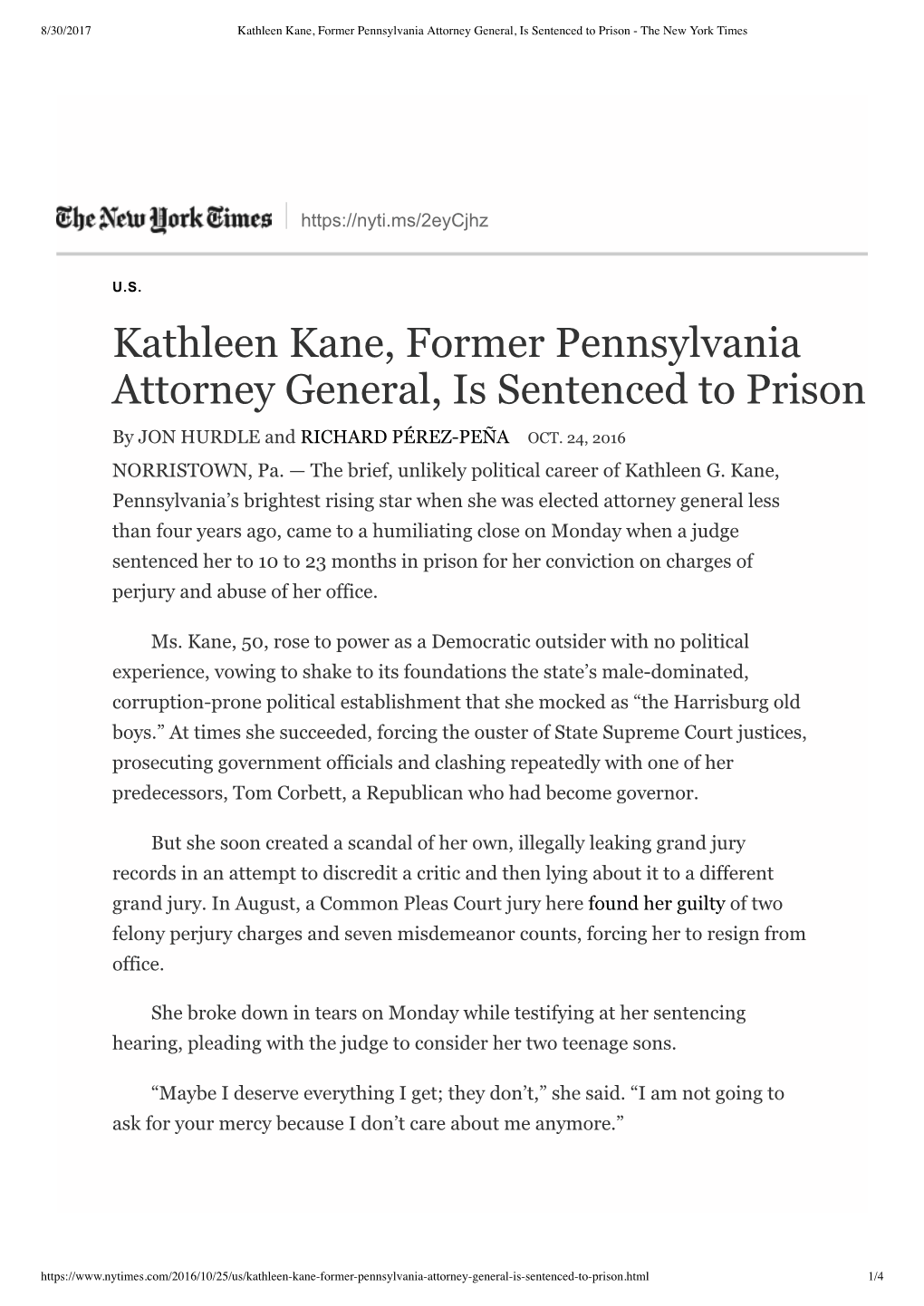 Kathleen Kane, Former Pennsylvania Atto...Ntenced To