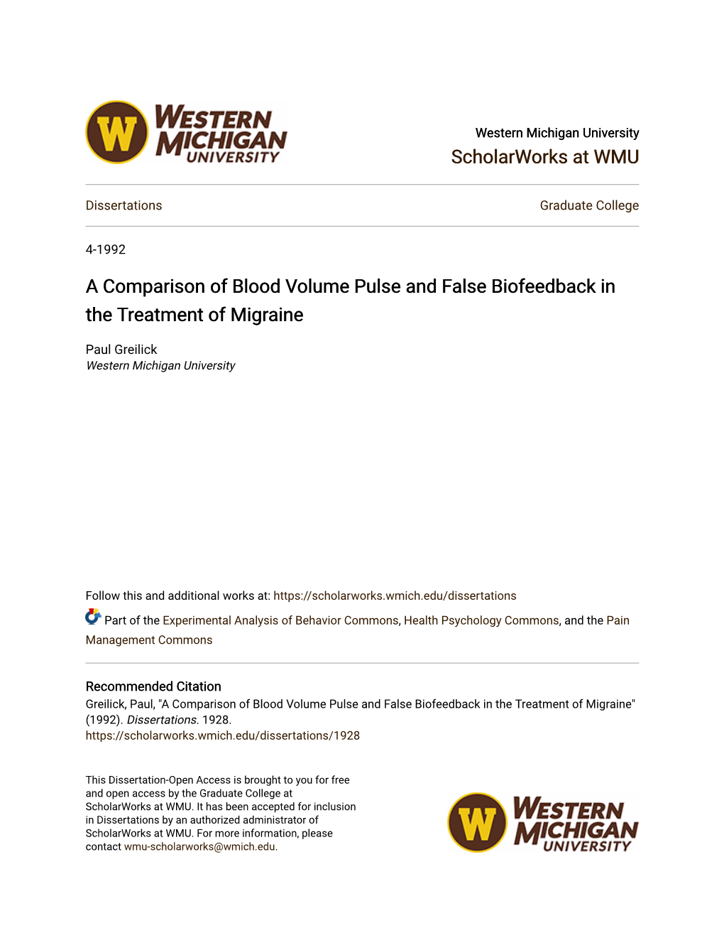 A Comparison of Blood Volume Pulse and False Biofeedback in the Treatment of Migraine