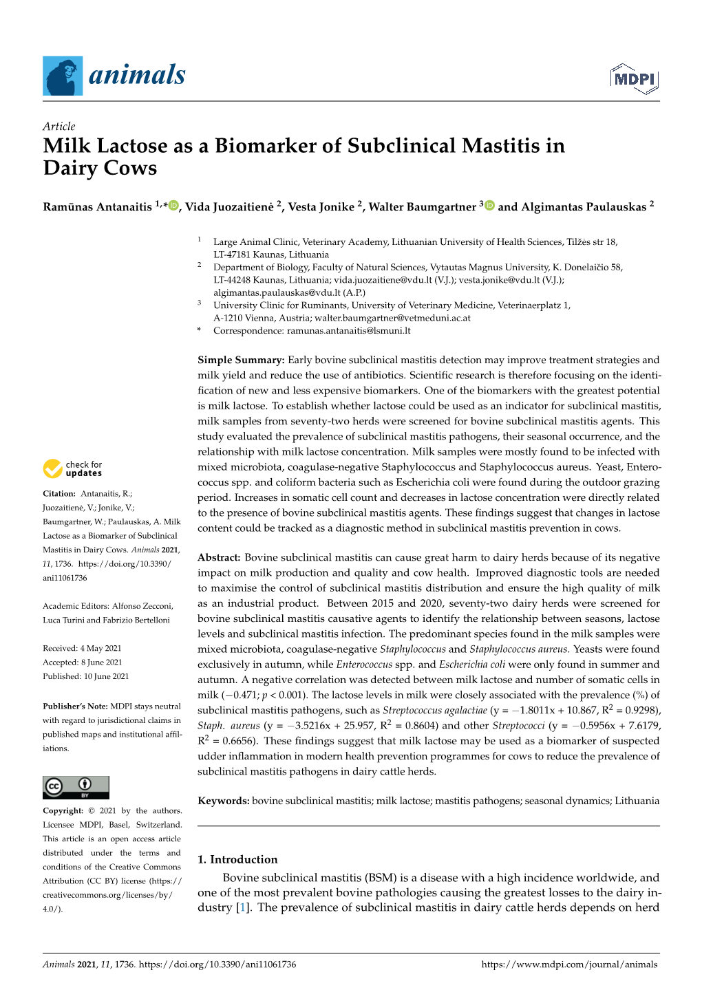Milk Lactose As a Biomarker of Subclinical Mastitis in Dairy Cows