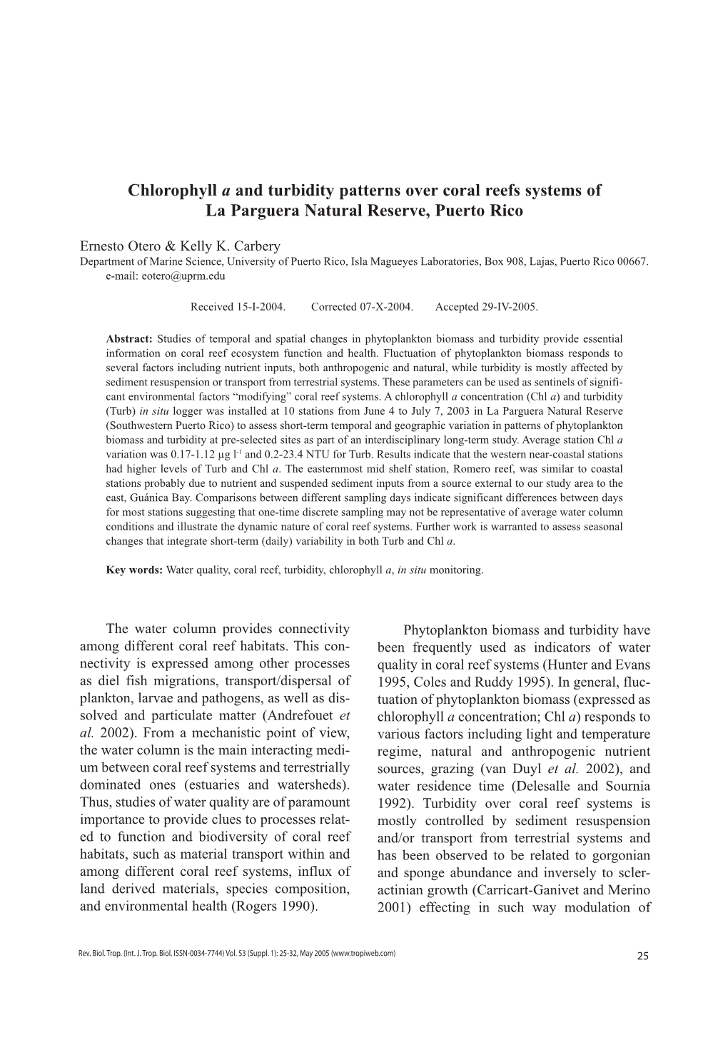 Chlorophyll a and Turbidity Patterns Over Coral Reefs Systems of La Parguera Natural Reserve, Puerto Rico