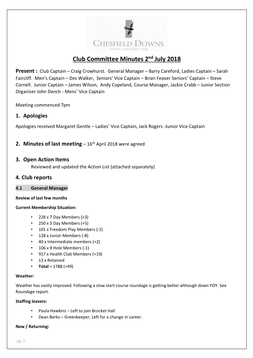 Minutes Club Committee 12 July 2018