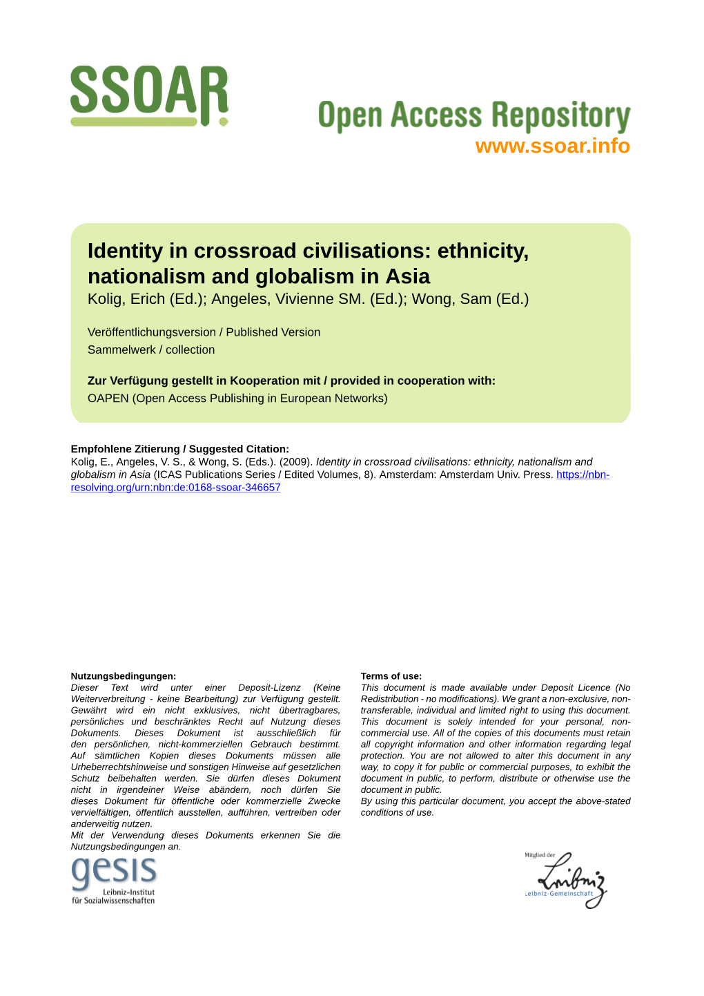 Identity in Crossroad Civilisations: Ethnicity, Nationalism and Globalism in Asia Kolig, Erich (Ed.); Angeles, Vivienne SM