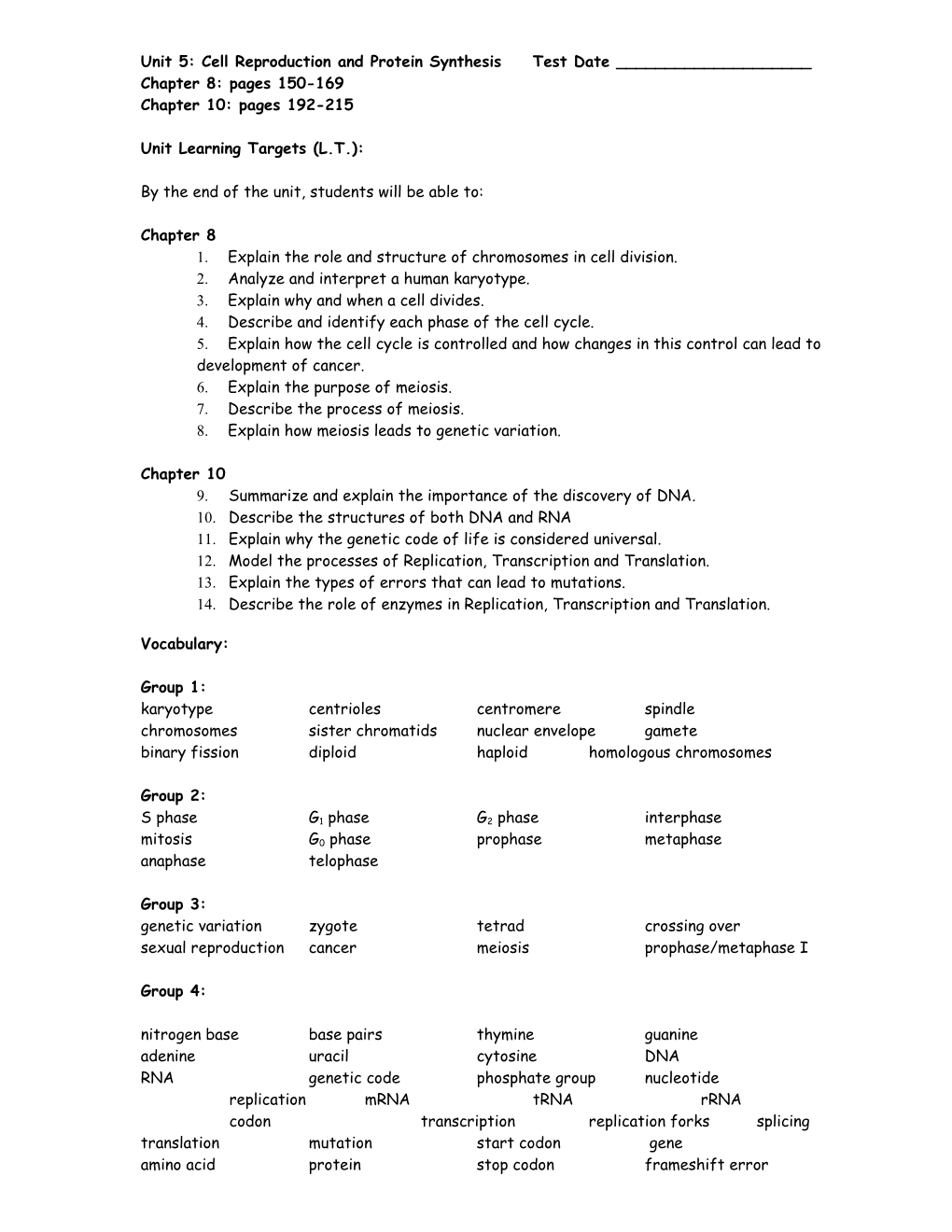 Unit 5: Cell Reproduction and Protein Synthesis Test Date ______