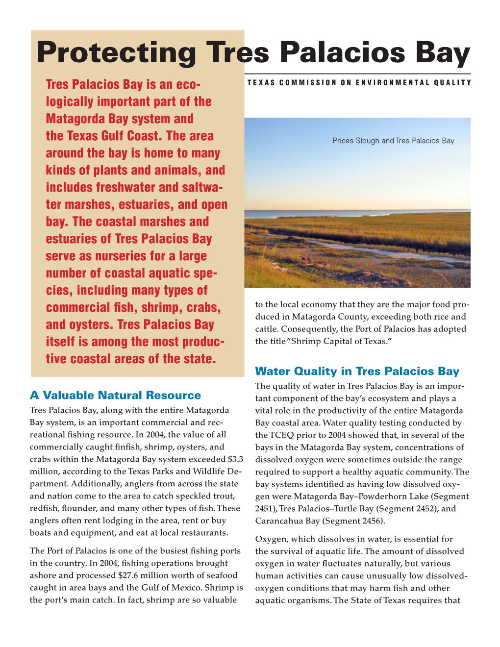 Protecting Tres Palacios Bay Tres Palacios Bay Is an Eco- TEXAS COMMISSION on ENVIRONMENTAL QUALITY Logically Important Part of the Matagorda Bay System And