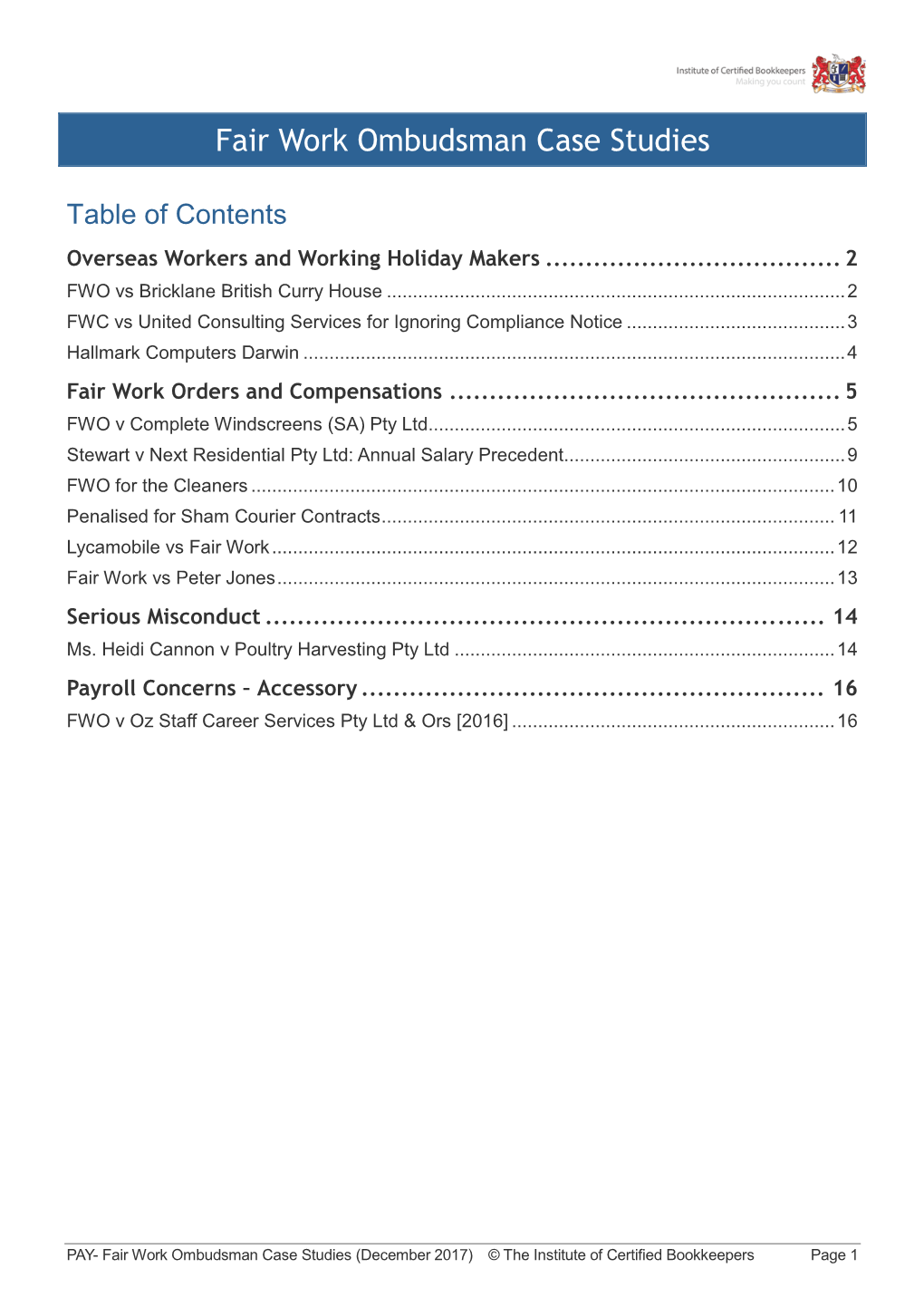 Fair Work Ombudsman Case Studies