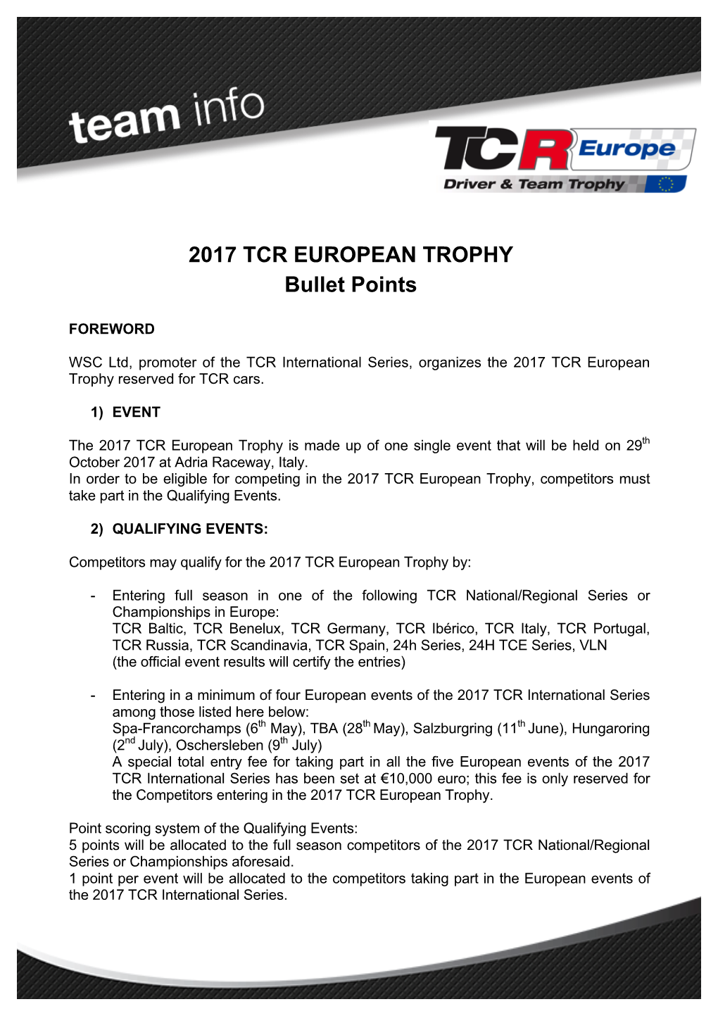 2017 TCR European Trophy Bullet Points