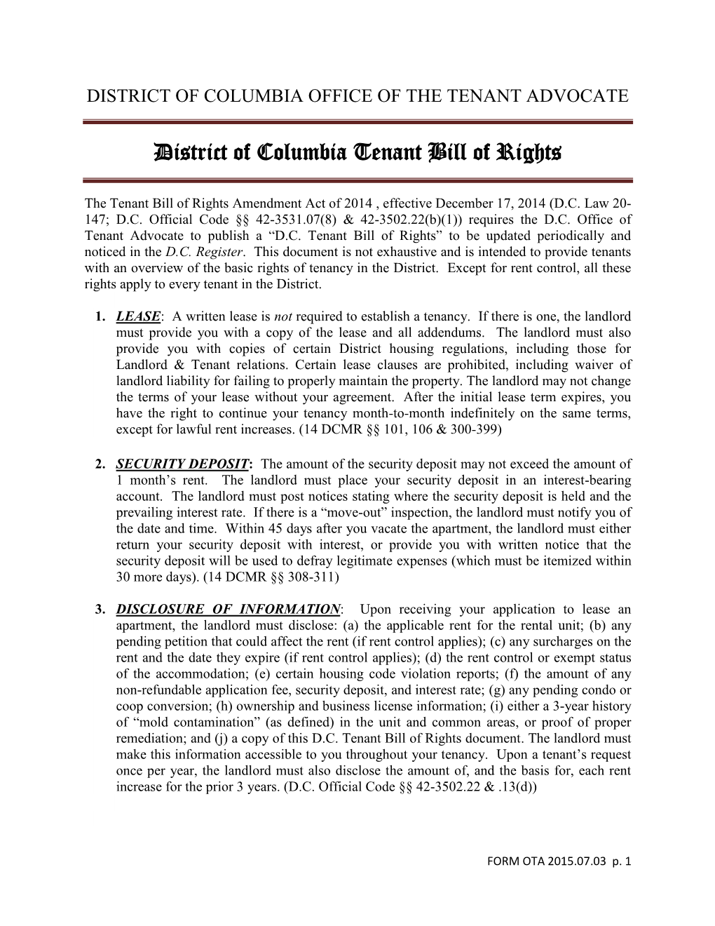 District of Columbia Tenant Bill of Rights