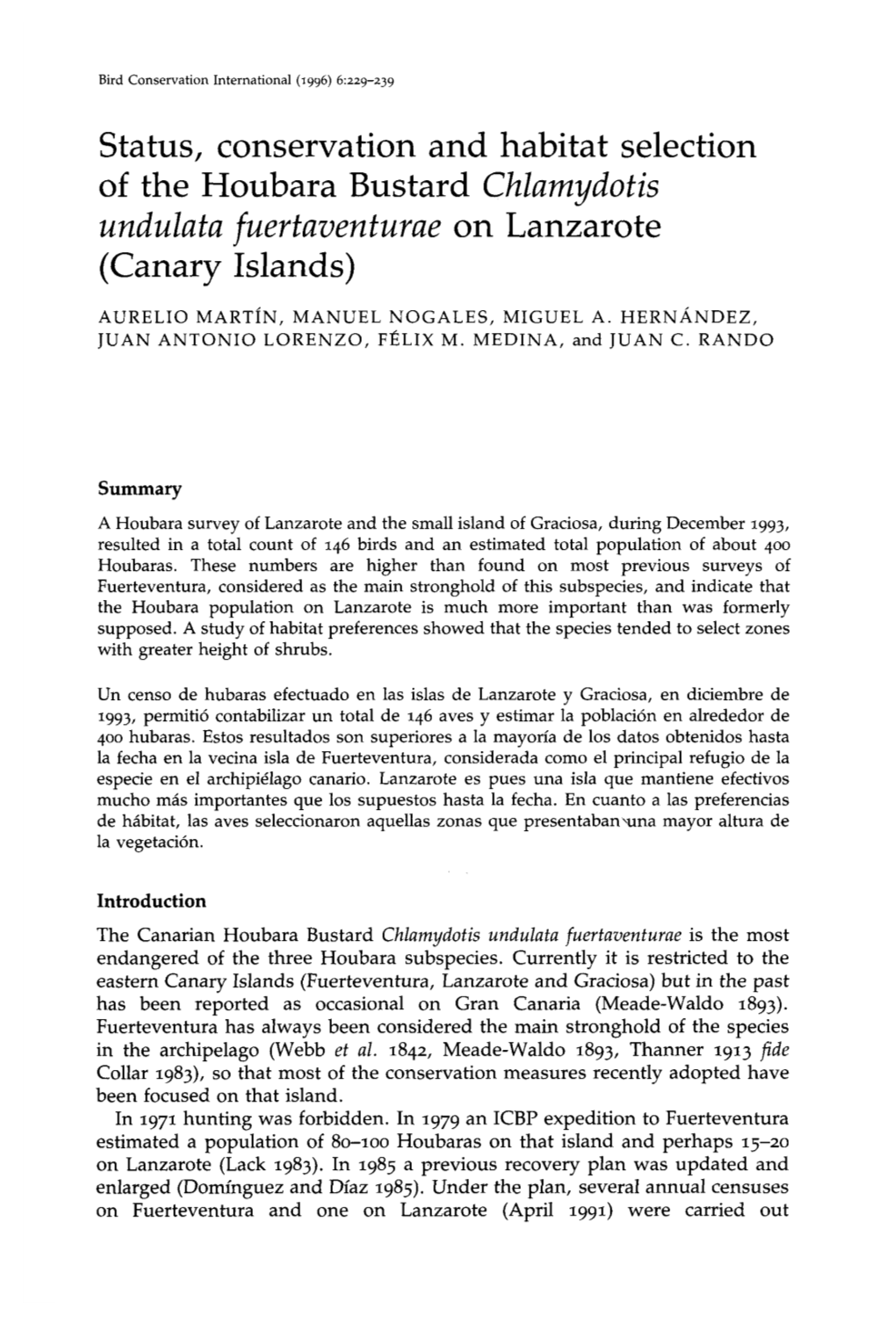 Status, Conservation and Habitat Selection of the Houbara Bustard Chlamydotis Undulata Fuertaventurae on Lanzarote (Canary Islands)