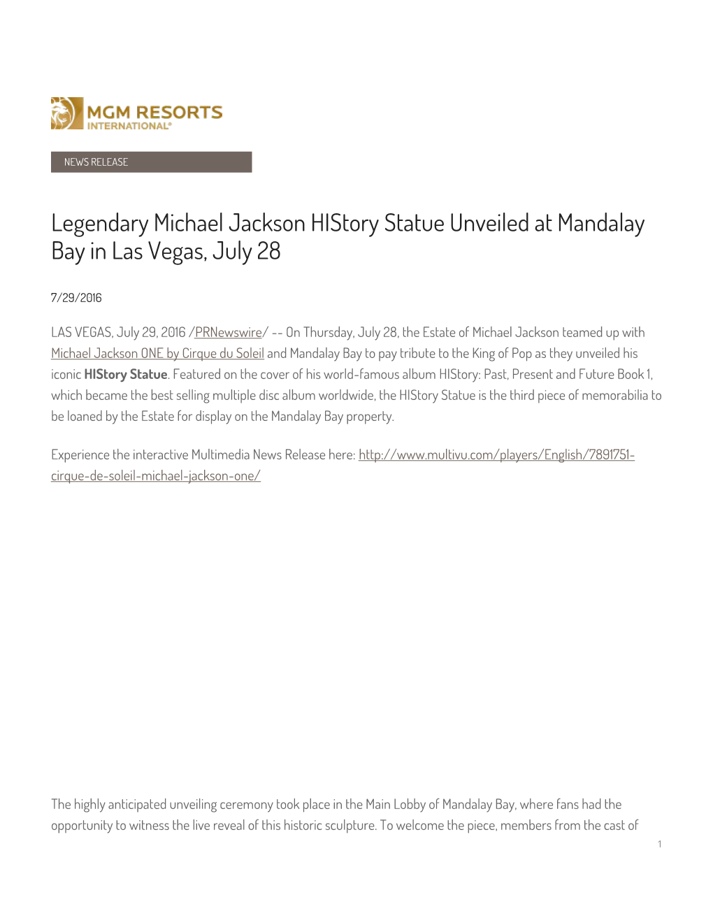 Legendary Michael Jackson History Statue Unveiled at Mandalay Bay in Las Vegas, July 28