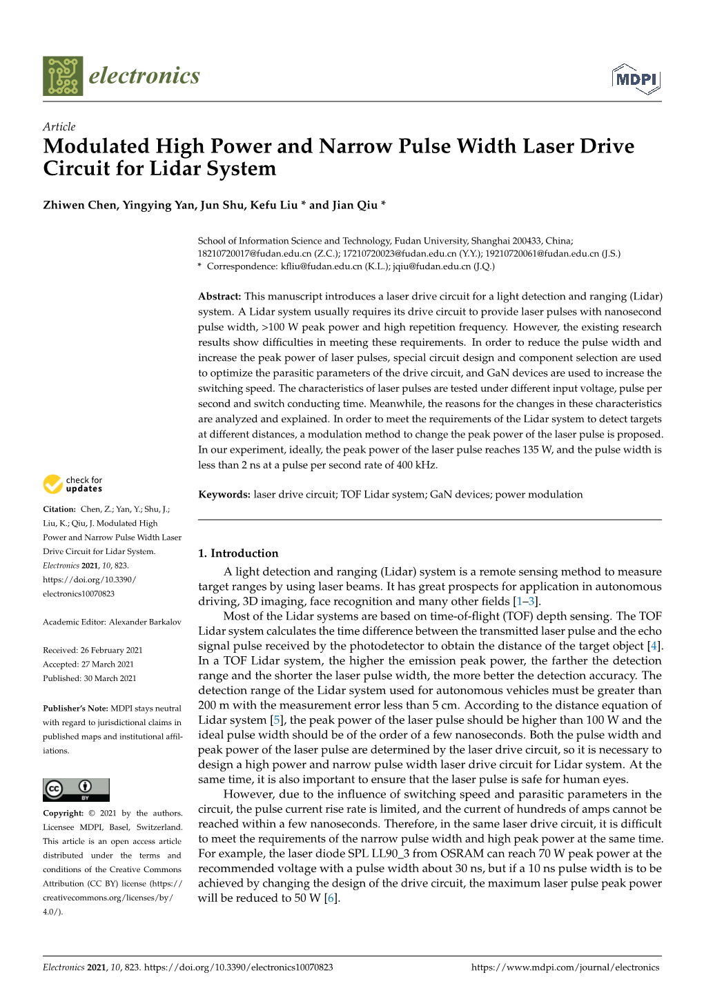 Modulated High Power and Narrow Pulse Width Laser Drive Circuit for Lidar System