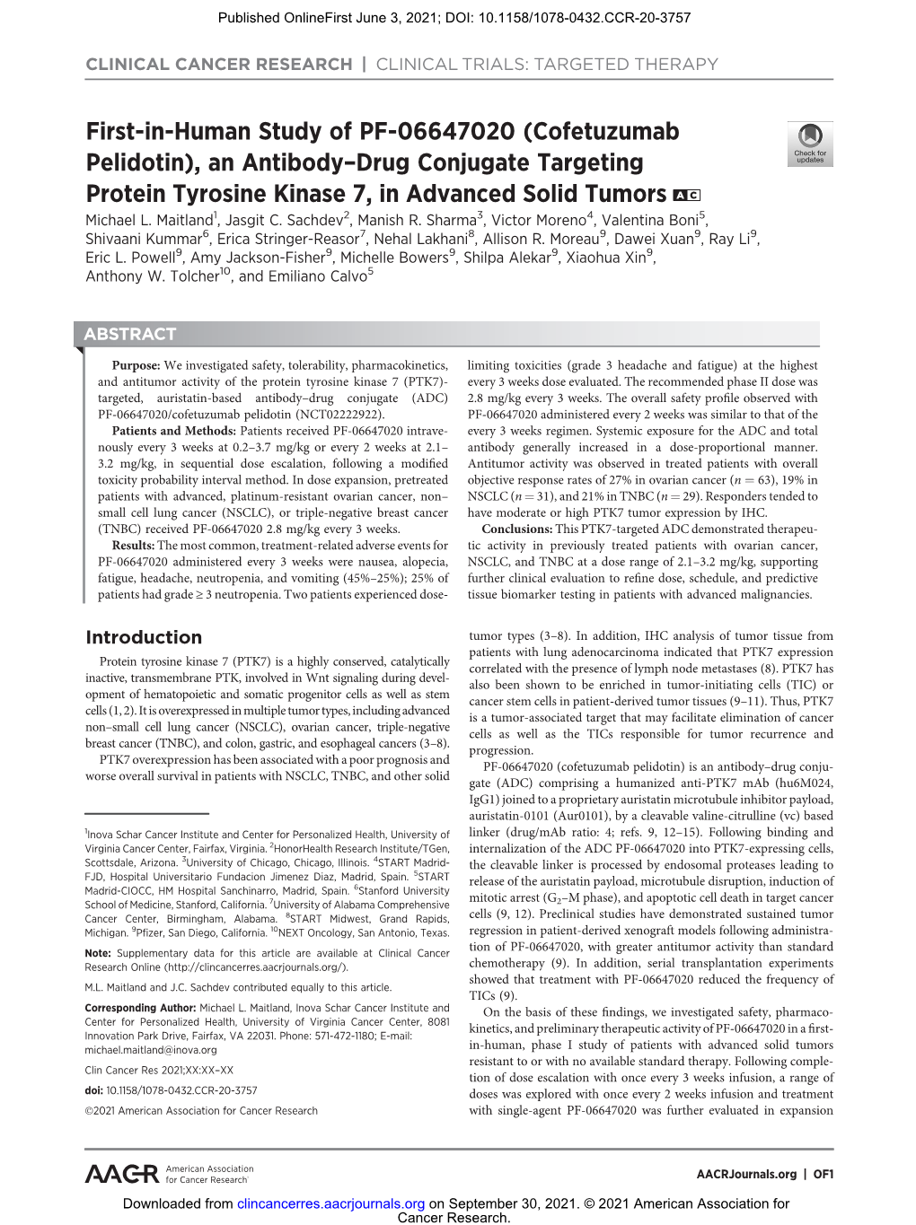 First-In-Human Study of PF-06647020 (Cofetuzumab Pelidotin), an Antibody–Drug Conjugate Targeting Protein Tyrosine Kinase 7, in Advanced Solid Tumors a C Michael L