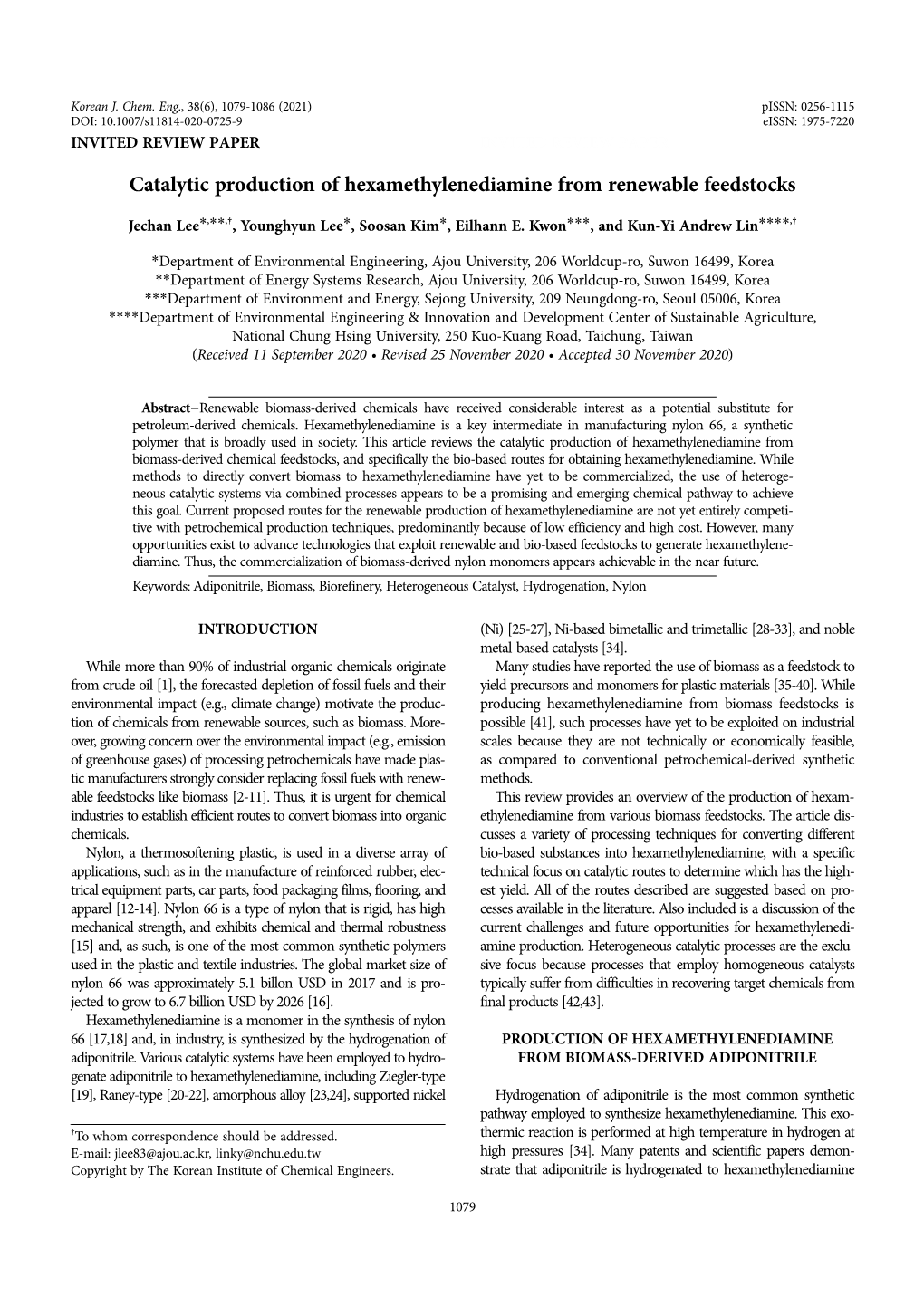 Catalytic Production of Hexamethylenediamine from Renewable Feedstocks