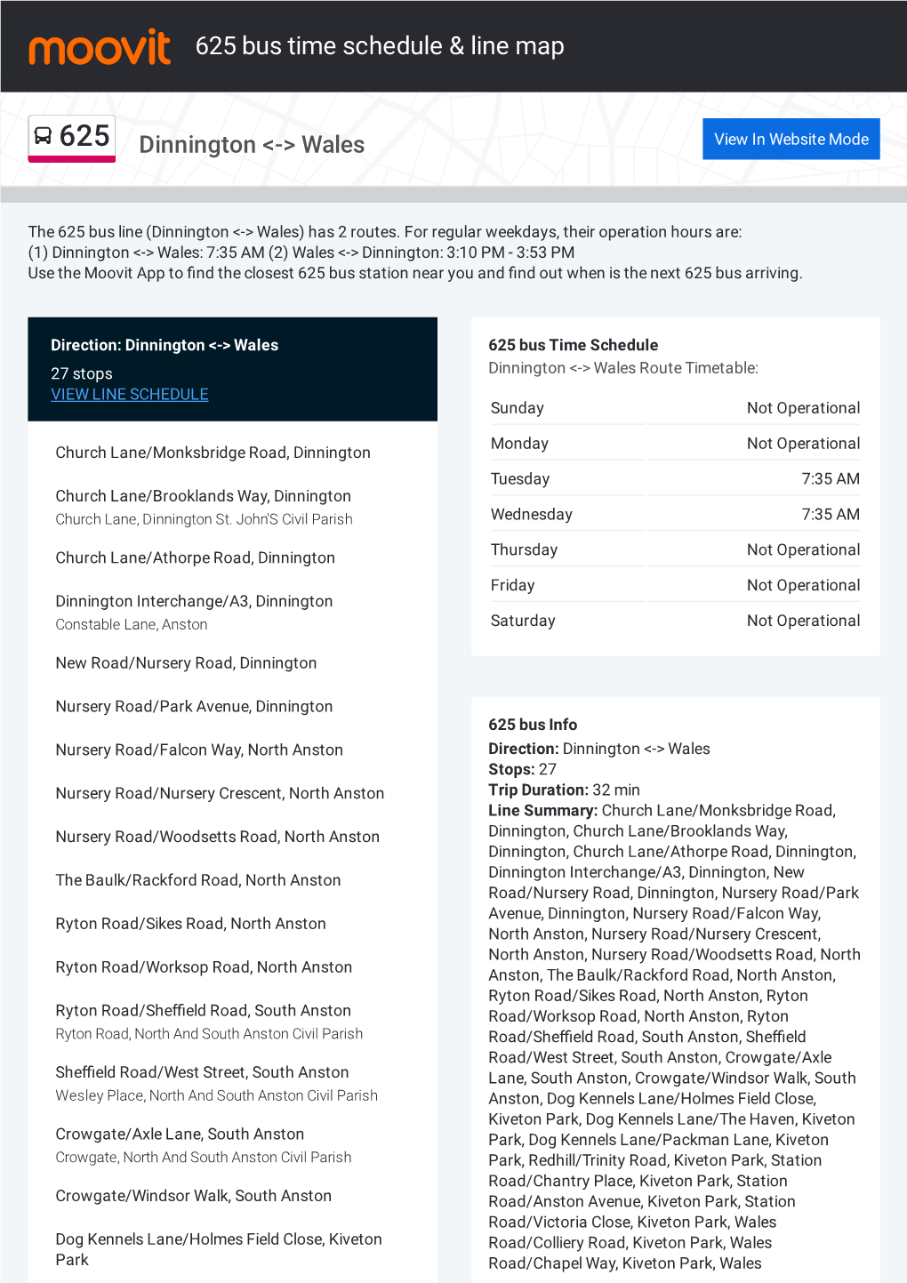 625 Bus Time Schedule & Line Route