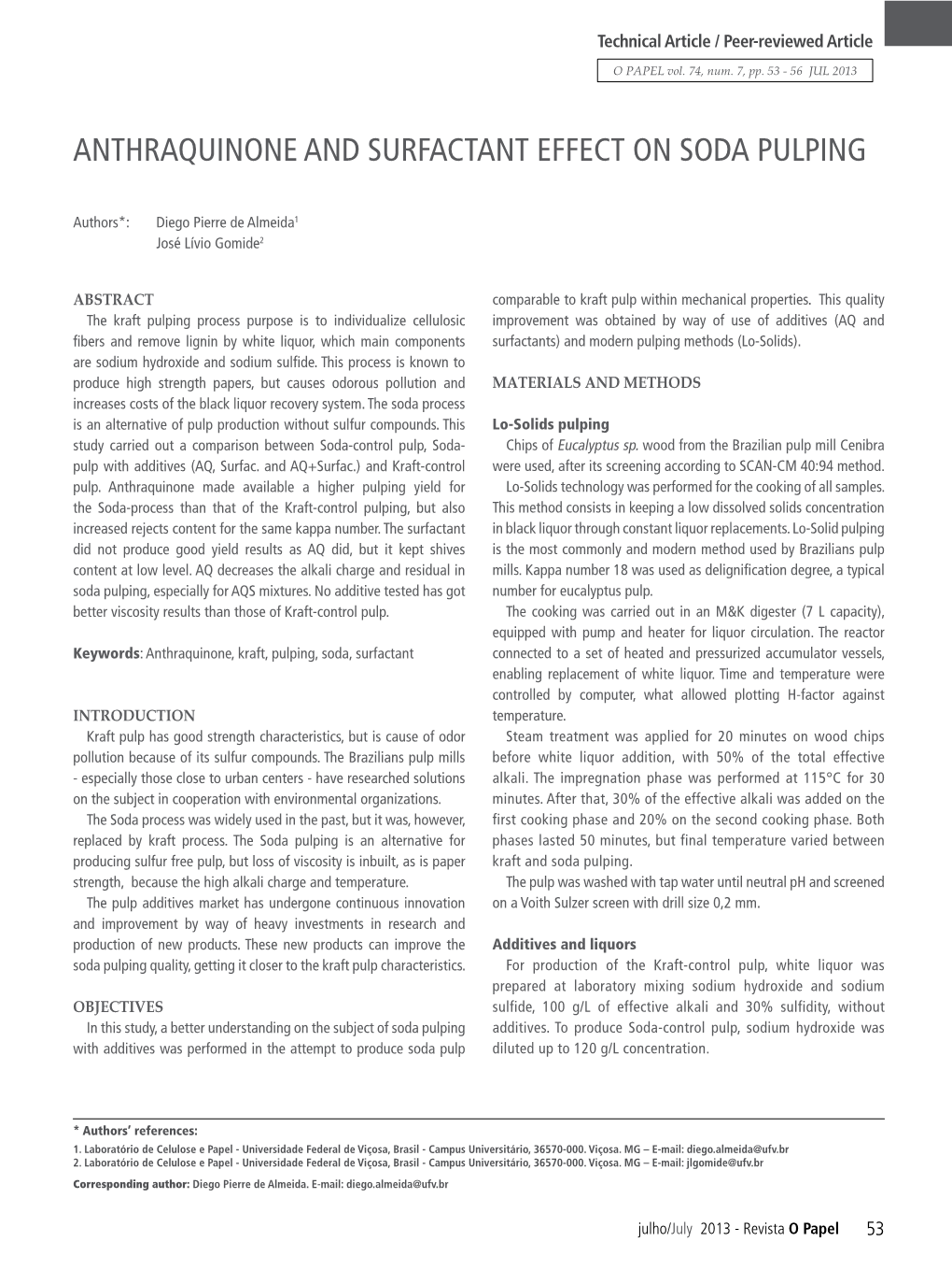 Anthraquinone and Surfactant Effect on Soda Pulping