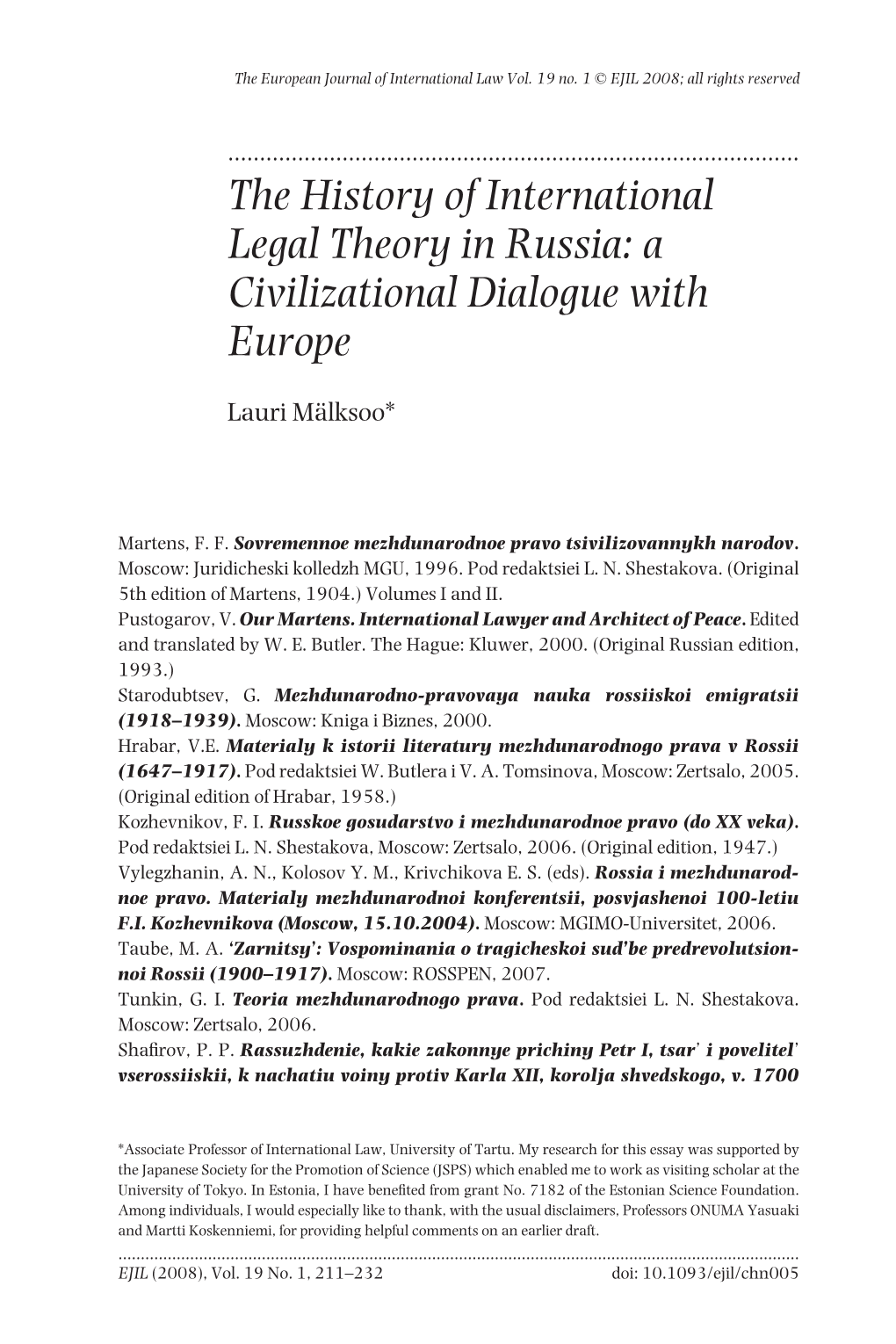 The History of International Legal Theory in Russia: a Civilizational Dialogue with Europe