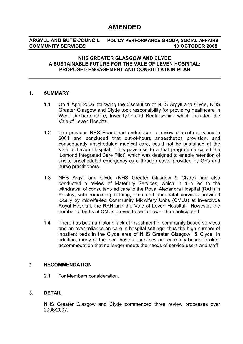 Vale of Leven Hospital: Proposed Engagement and Consultation Plan