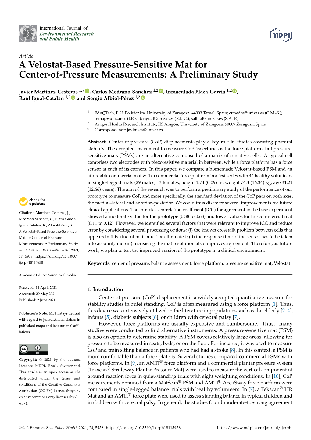 A Velostat-Based Pressure-Sensitive Mat for Center-Of-Pressure Measurements: a Preliminary Study