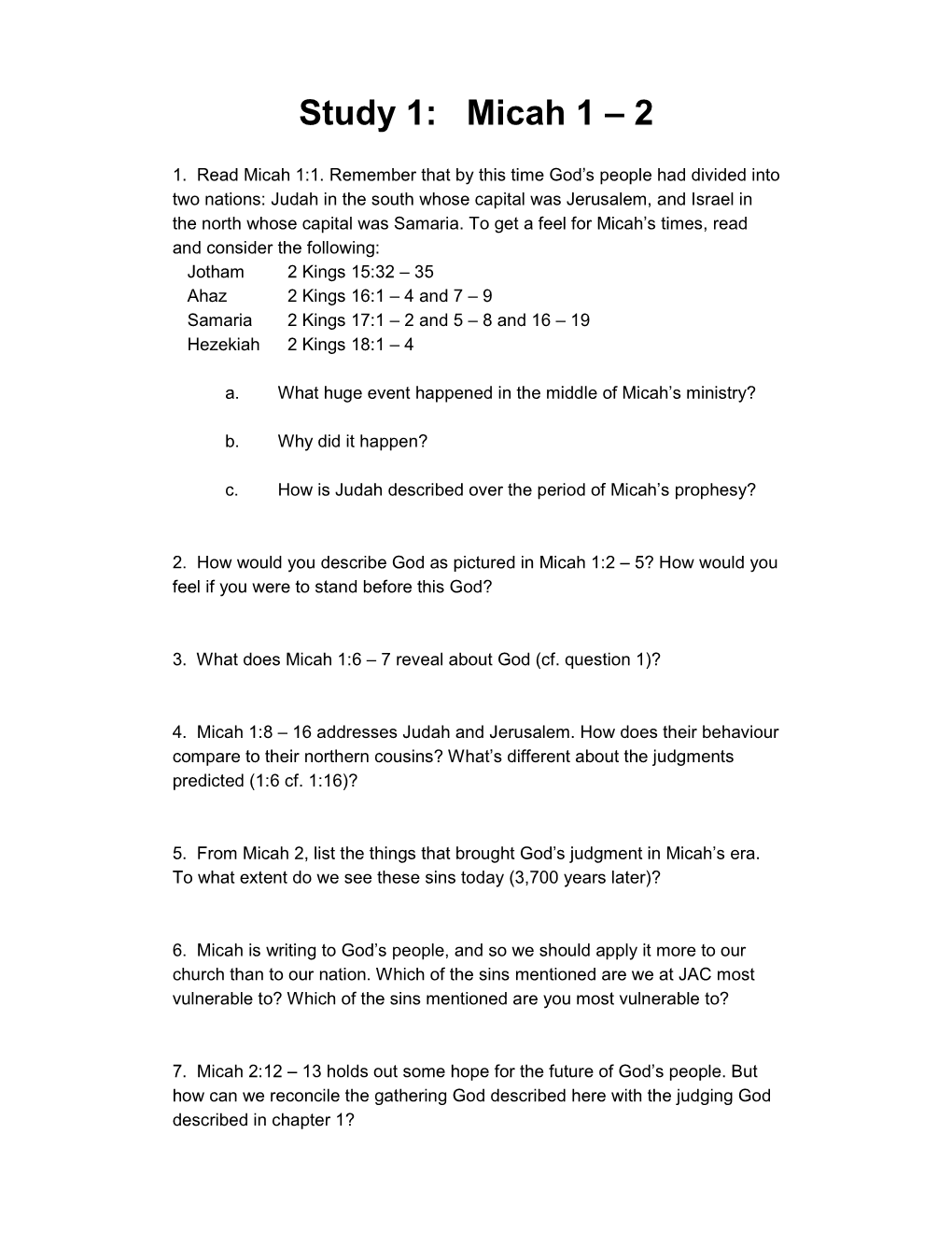 Study 1: Micah 1 – 2