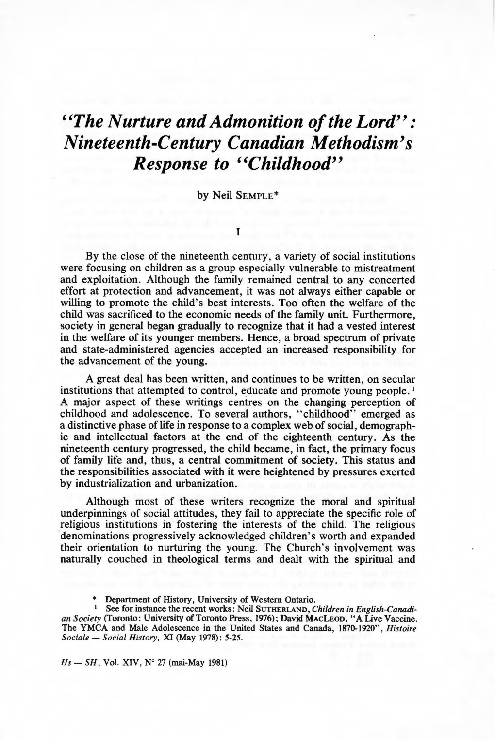 ': Nineteenth-Century Canadian Methodism's Response to "Childhood"