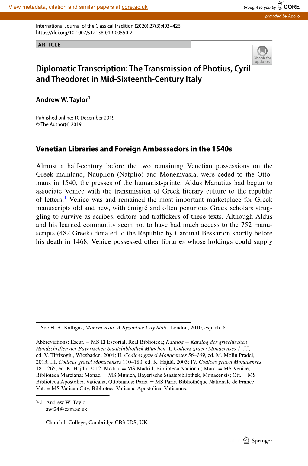 The Transmission of Photius, Cyril and Theodoret in Mid-Sixteenth