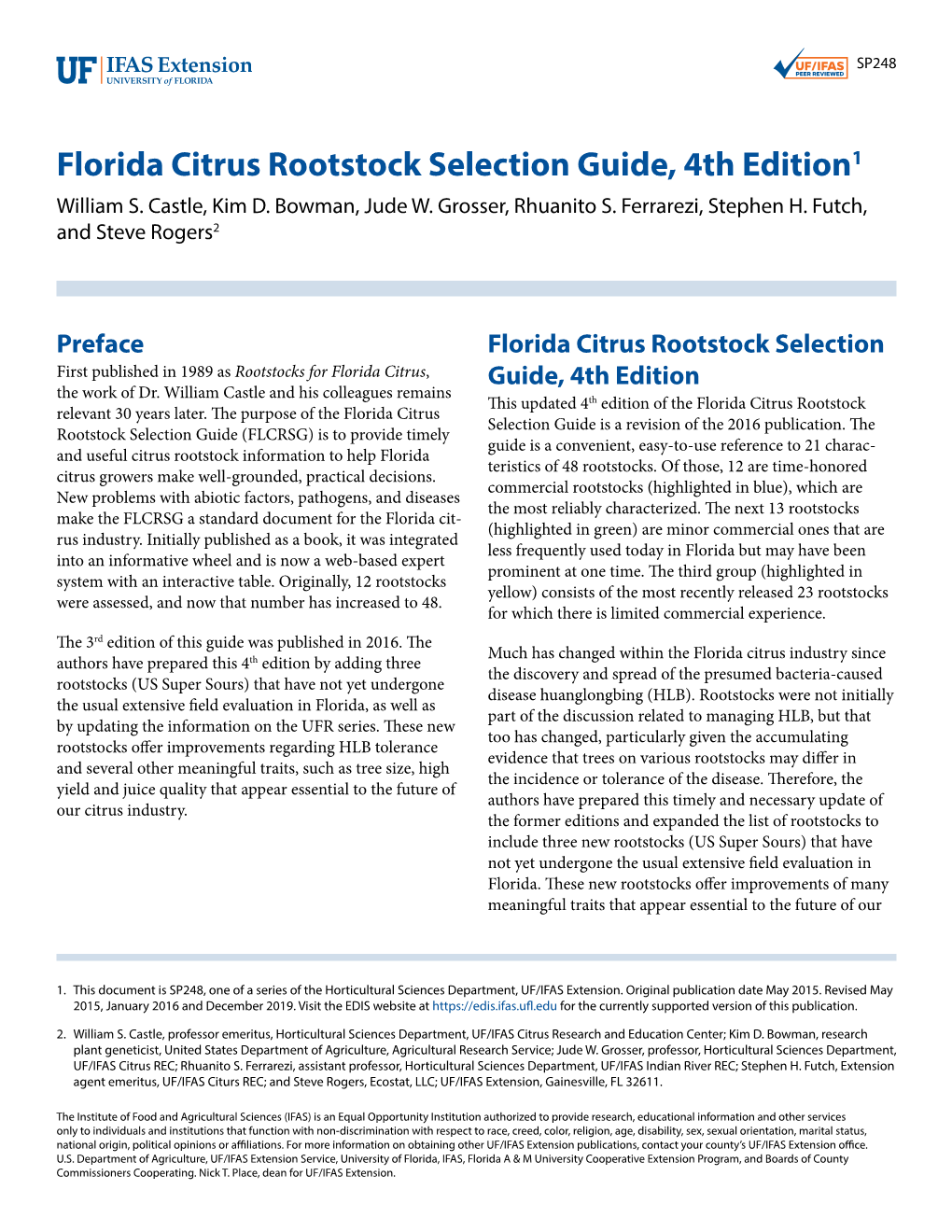 Florida Citrus Rootstock Selection Guide, 4Th Edition1 William S