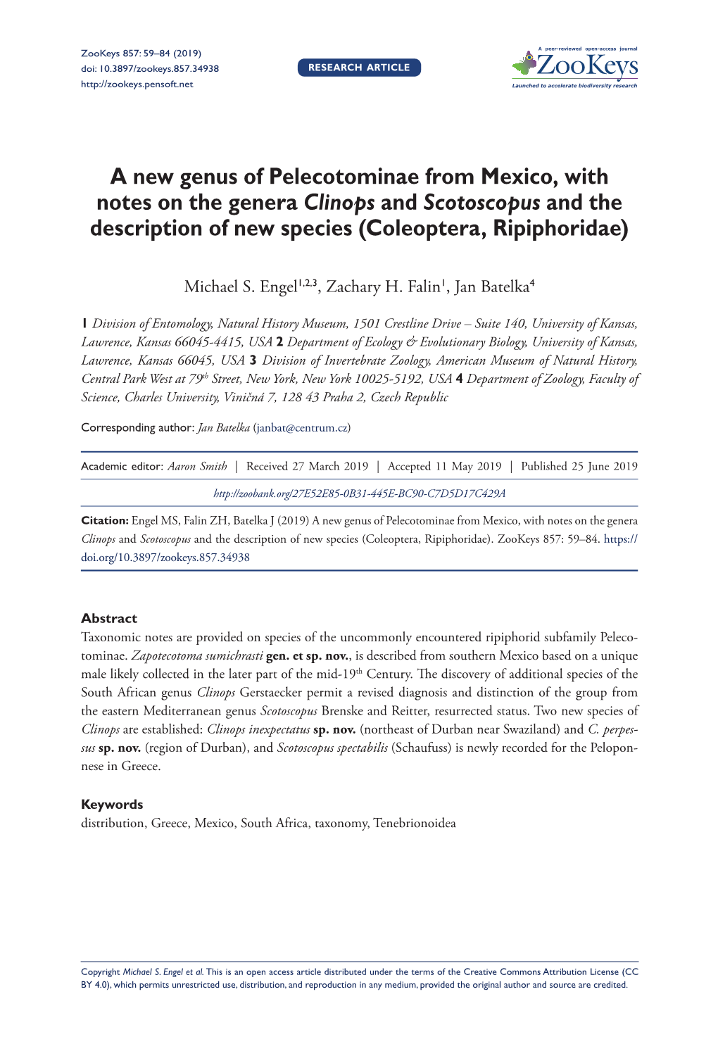 A New Genus of Pelecotominae from Mexico, with Notes on the Genera Clinops and Scotoscopus and the Description of New Species (Coleoptera, Ripiphoridae)