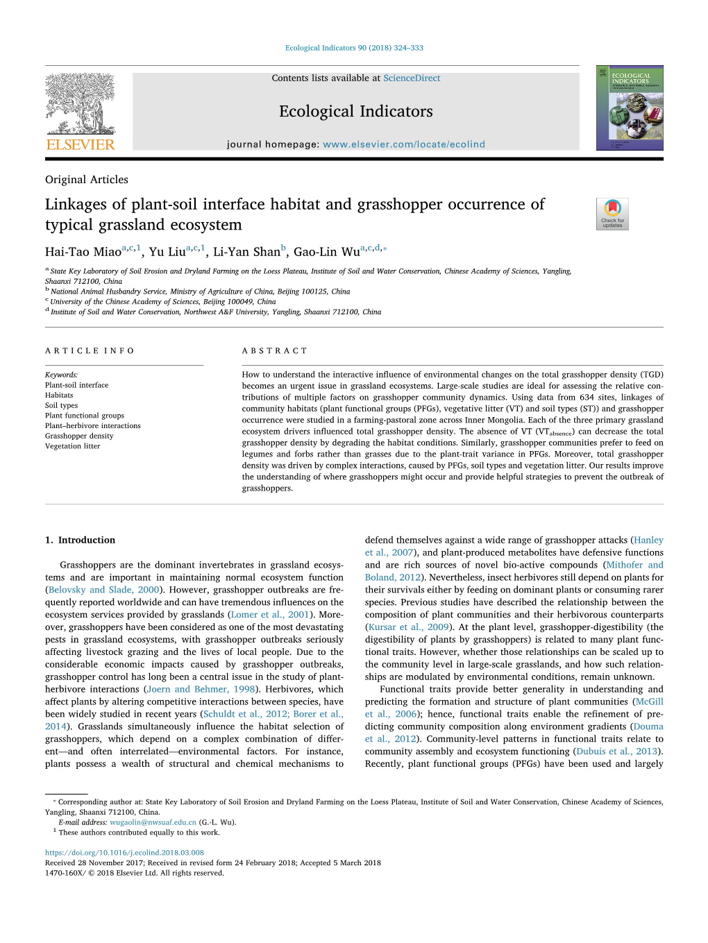 Linkages of Plant-Soil Interface Habitat and Grasshopper Occurrence Of