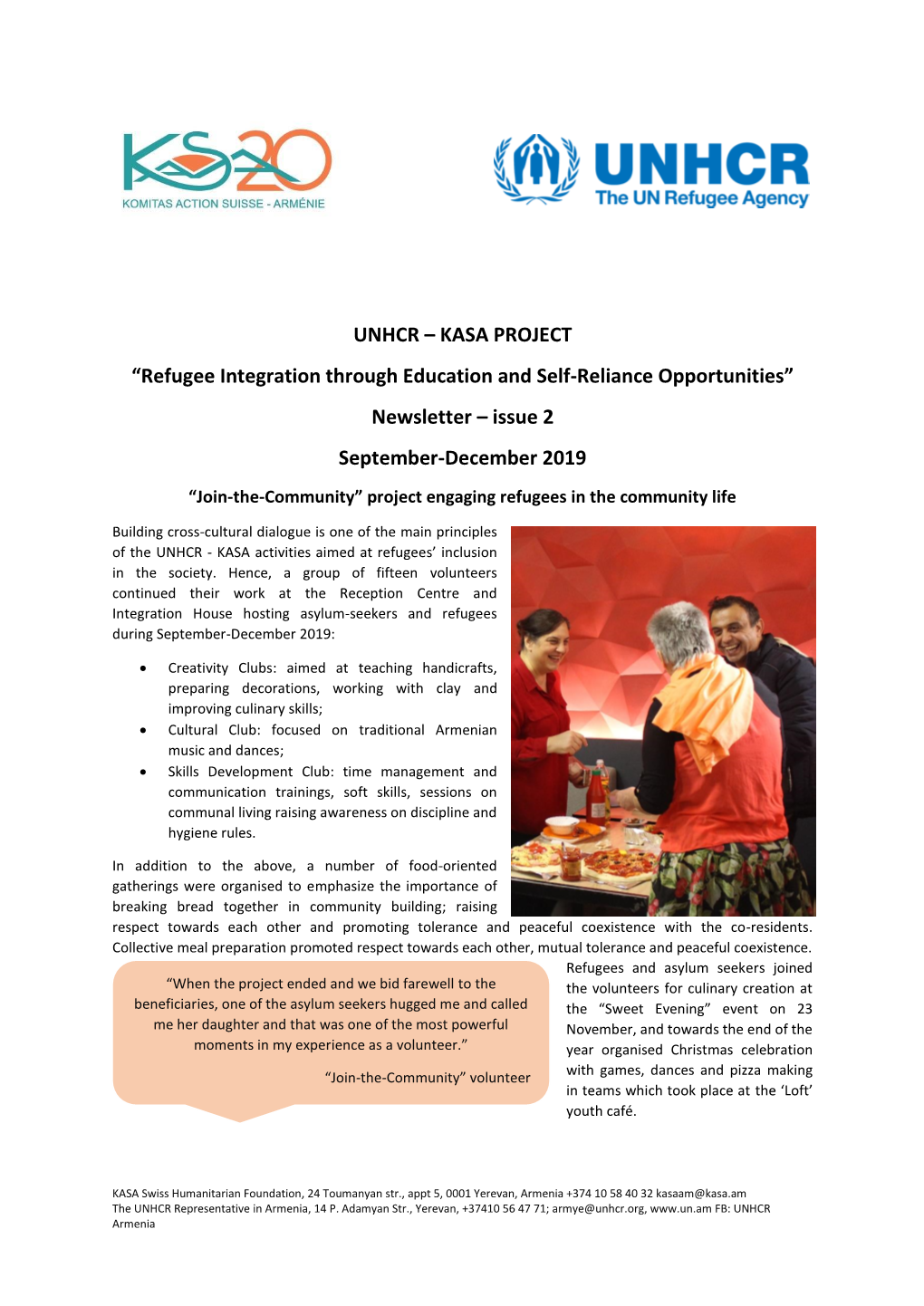 UNHCR – KASA PROJECT “Refugee Integration Through Education and Self-Reliance Opportunities” Newsletter – Issue 2 September-December 2019