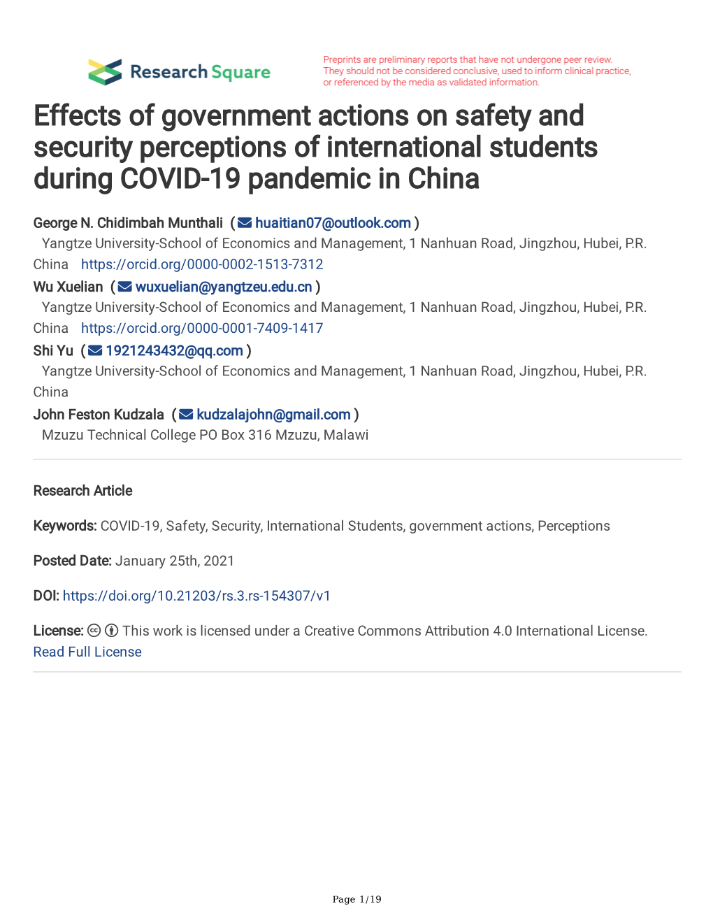 Effects of Government Actions on Safety and Security Perceptions of International Students During COVID-19 Pandemic in China