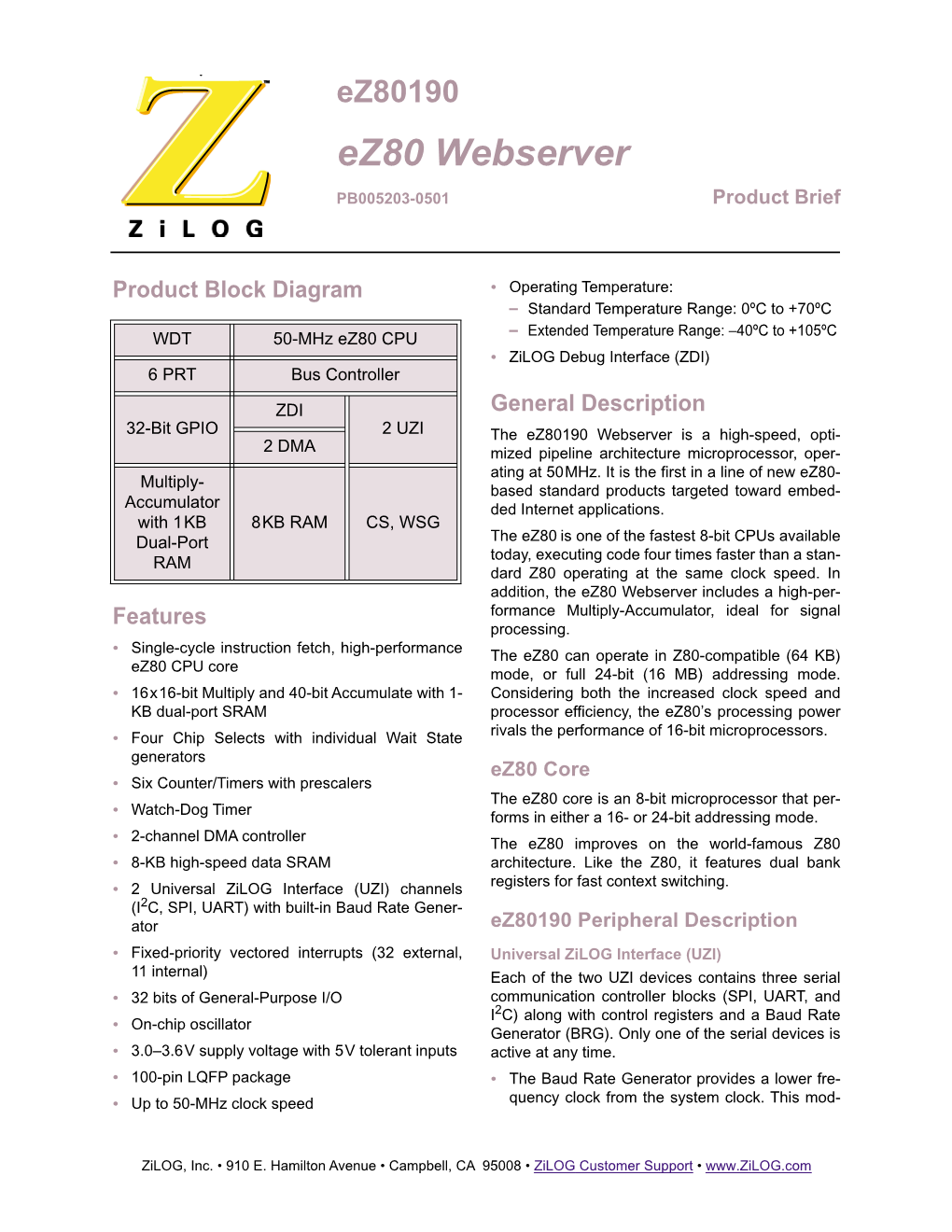 Ez80 Webserver Product Brief
