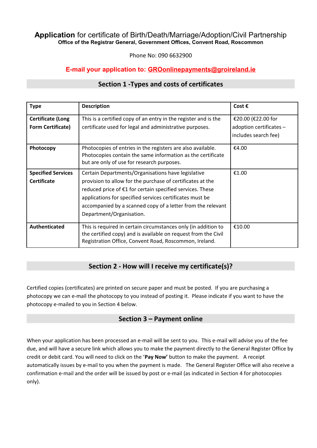 Application for Certificate of Birth/Death/Marriage/Adoption/Civil Partnership - Email