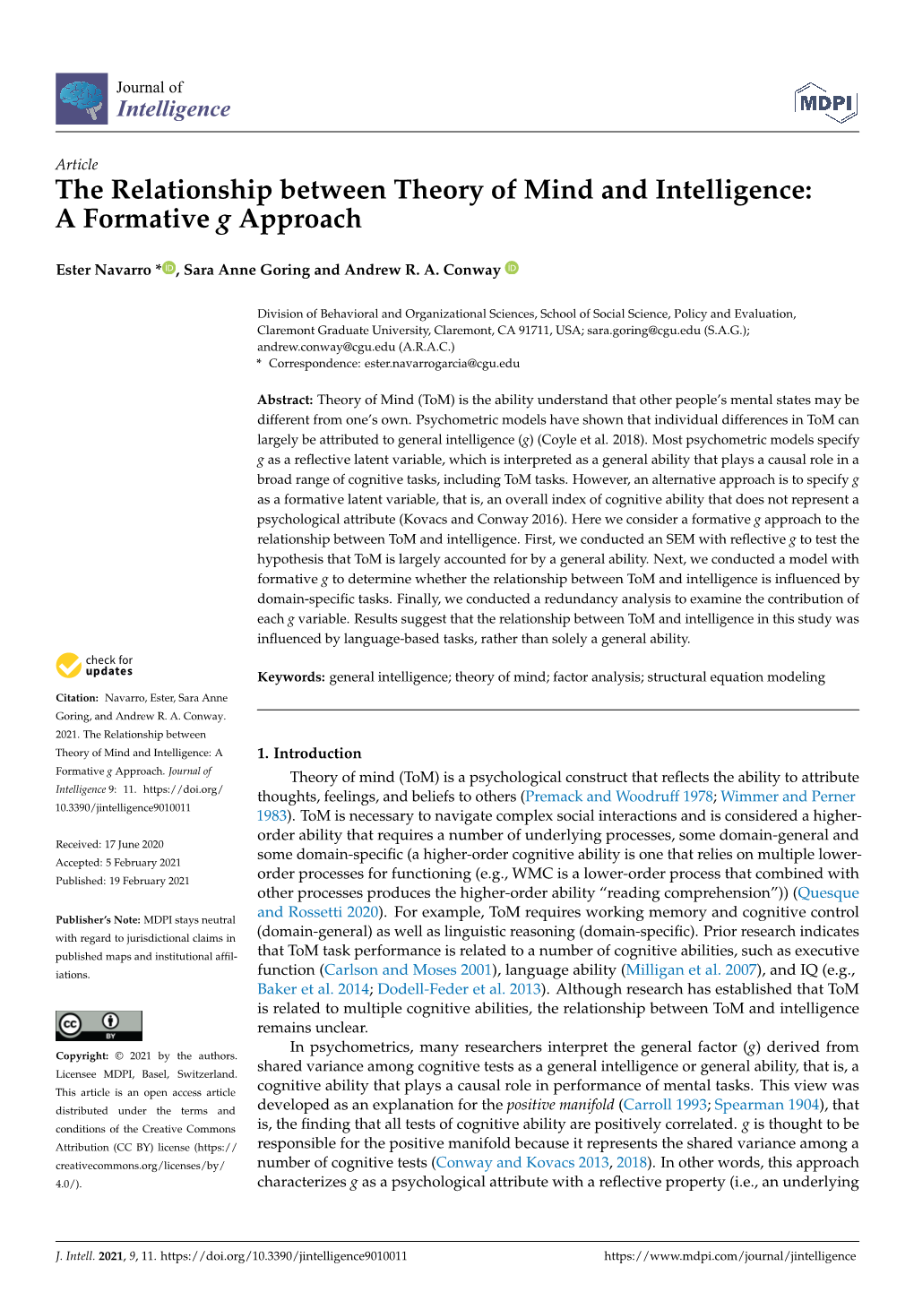 The Relationship Between Theory of Mind and Intelligence: a Formative G Approach