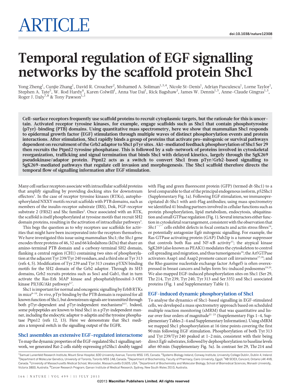 Temporal Regulation of EGF Signalling Networks by the Scaffold Protein Shc1
