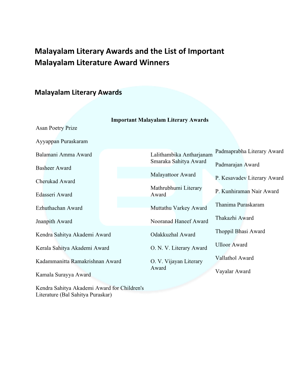 Malayalam Literary Awards and the List of Important Malayalam Literature Award Winners