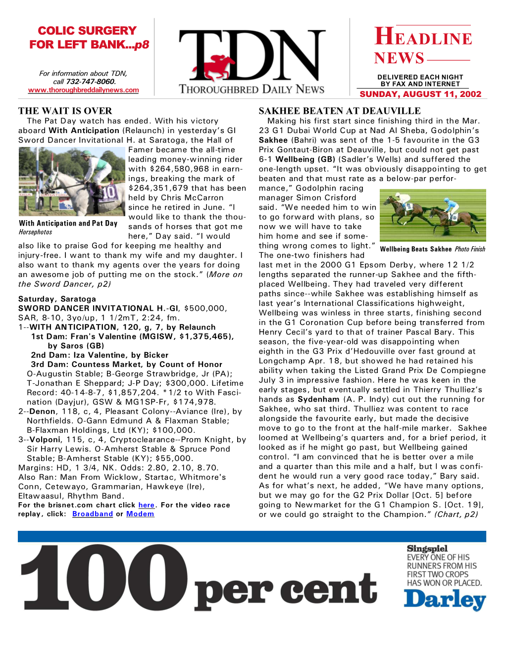 HEADLINE NEWS for Information About TDN, DELIVERED EACH NIGHT Call 732-747-8060