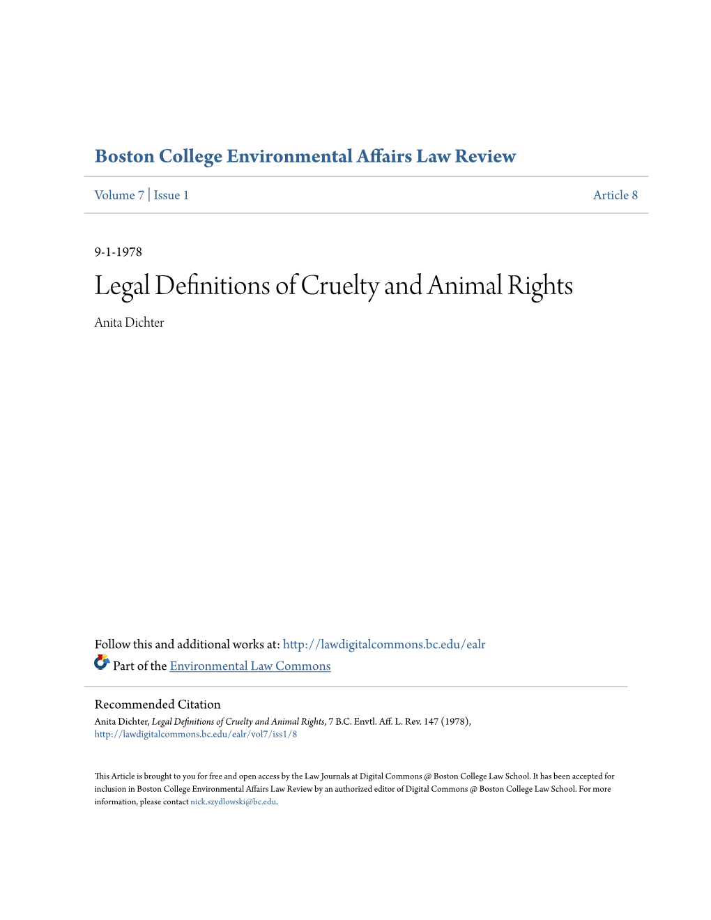 Legal Definitions of Cruelty and Animal Rights Anita Dichter