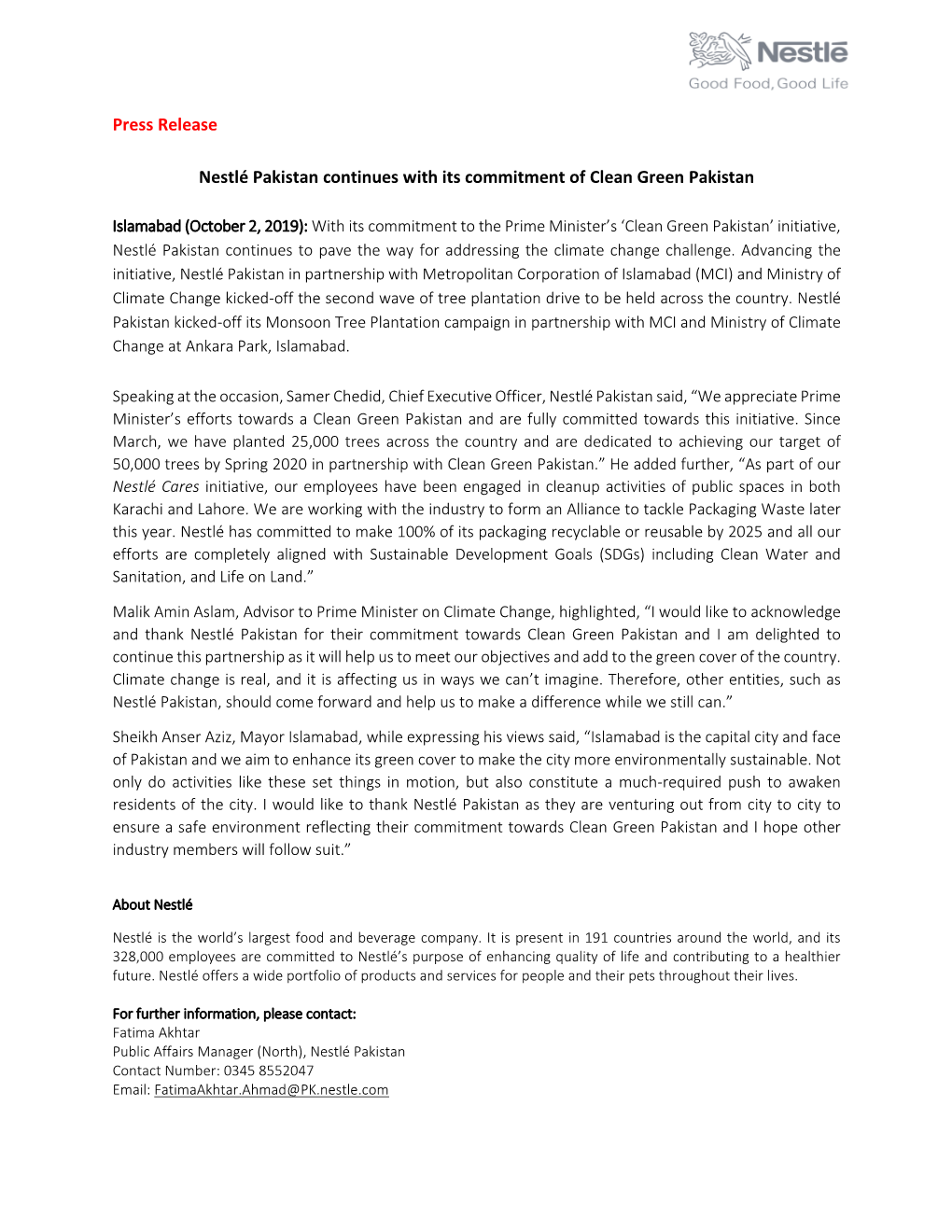 Press Release Nestlé Pakistan Continues with Its Commitment Of