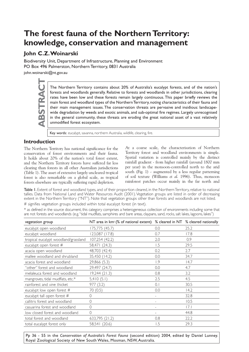 The Forest Fauna of the Northern Territory: Knowledge, Conservation and Management John C.Z