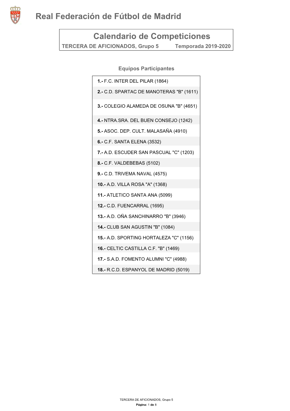 Calendario Tercera Aficionados Grupo 5