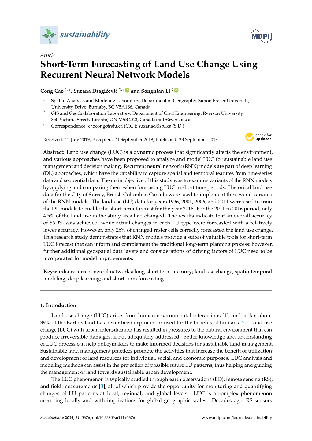 Short-Term Forecasting of Land Use Change Using Recurrent Neural Network Models