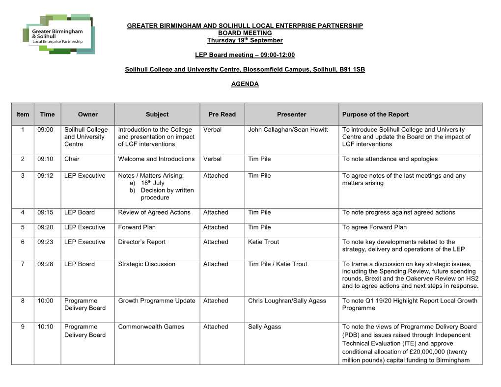 GREATER BIRMINGHAM and SOLIHULL LOCAL ENTERPRISE PARTNERSHIP BOARD MEETING Thursday 19Th September