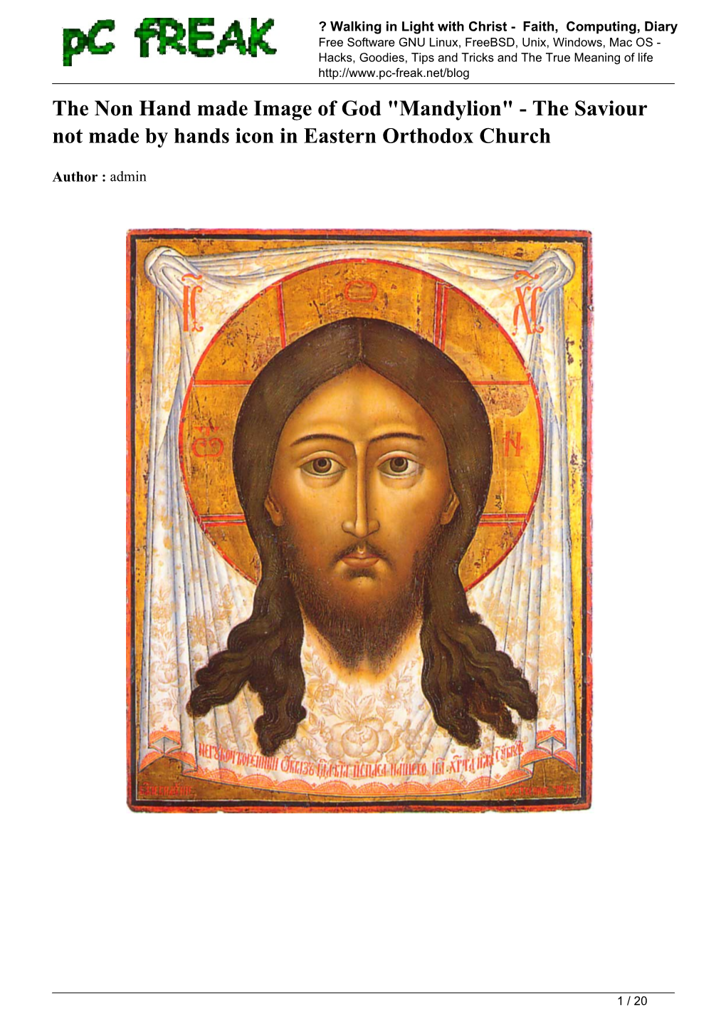 The Non Hand Made Image of God "Mandylion" - the Saviour Not Made by Hands Icon in Eastern Orthodox Church