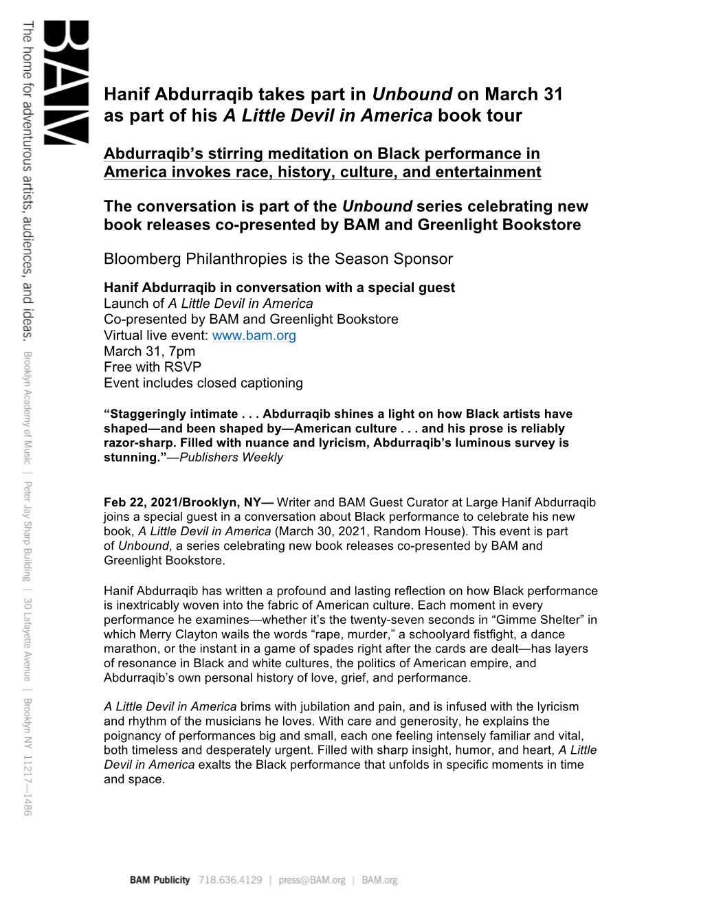 Hanif Abdurraqib Takes Part in Unbound on March 31 As Part of His a Little Devil in America Book Tour