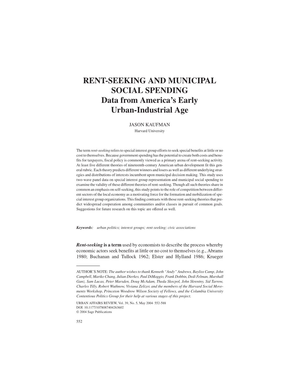 RENT-SEEKING and MUNICIPAL SOCIAL SPENDING Data from America’S Early Urban-Industrial Age