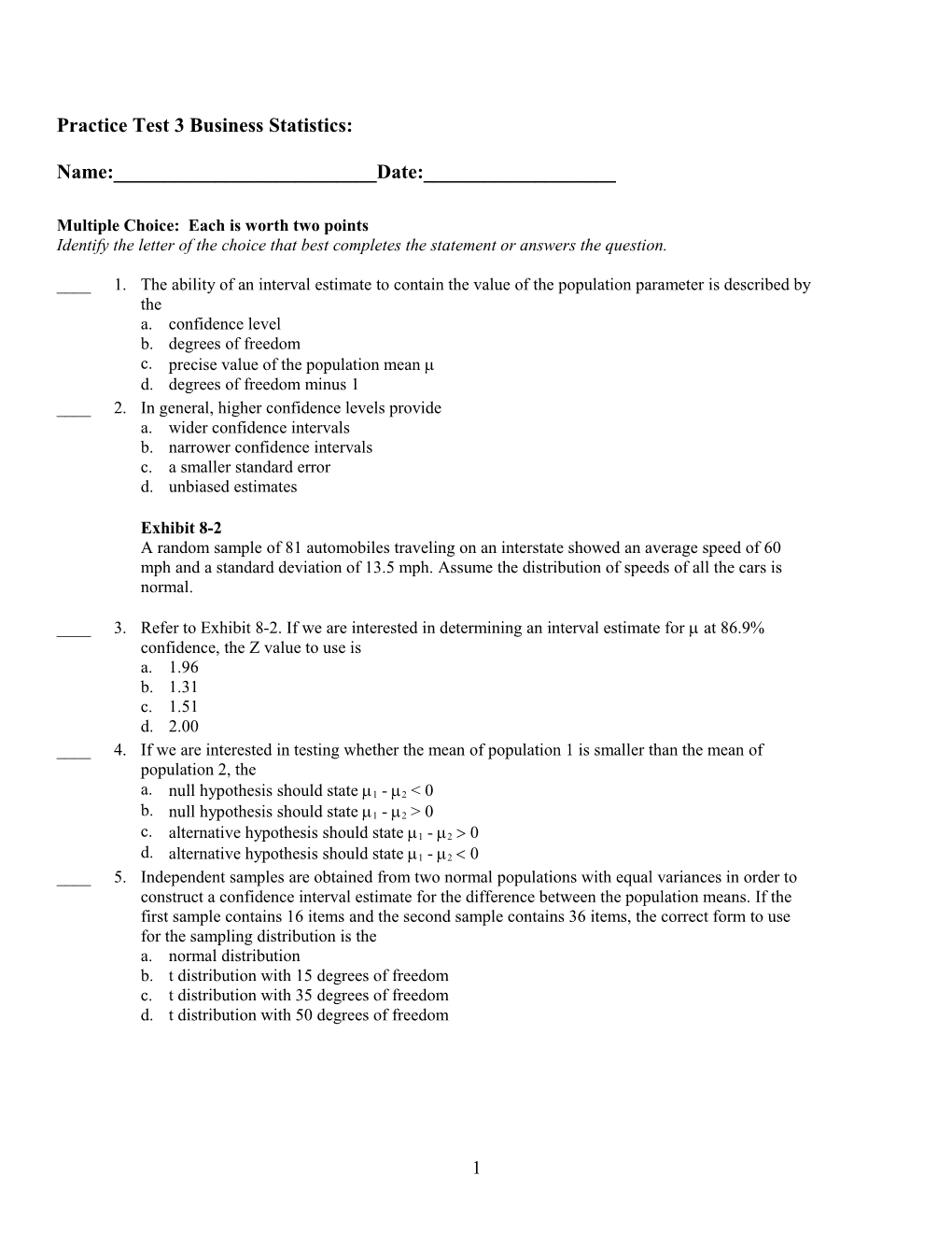 Practice Test 3 Business Statistics