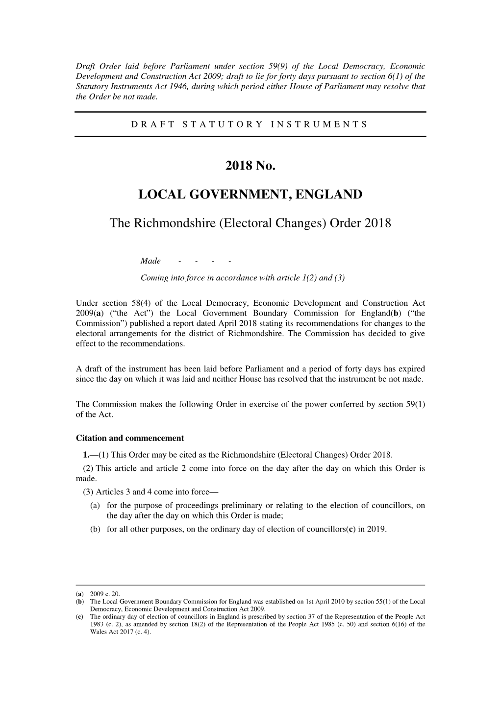 The Richmondshire (Electoral Changes) Order 2018