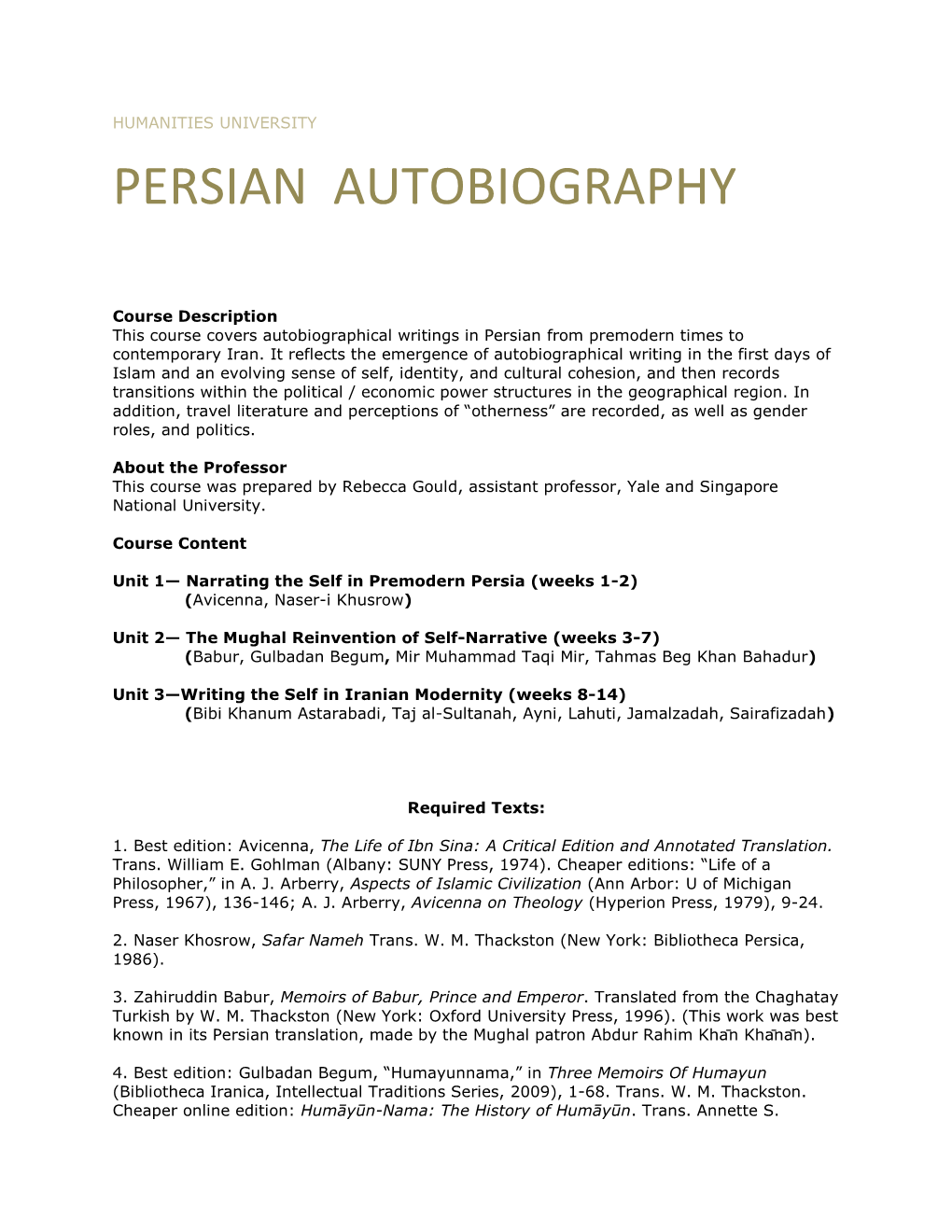 Persian Autobiography