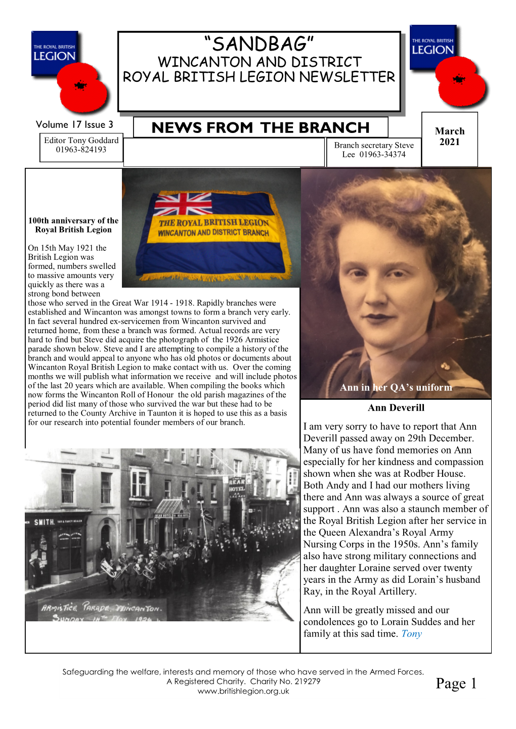 “Sandbag” Wincanton and District Royal British Legion Newsletter