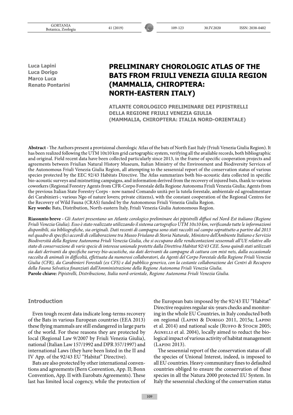 Preliminary Chorologic Atlas of the Bats from Friuli Venezia Giulia